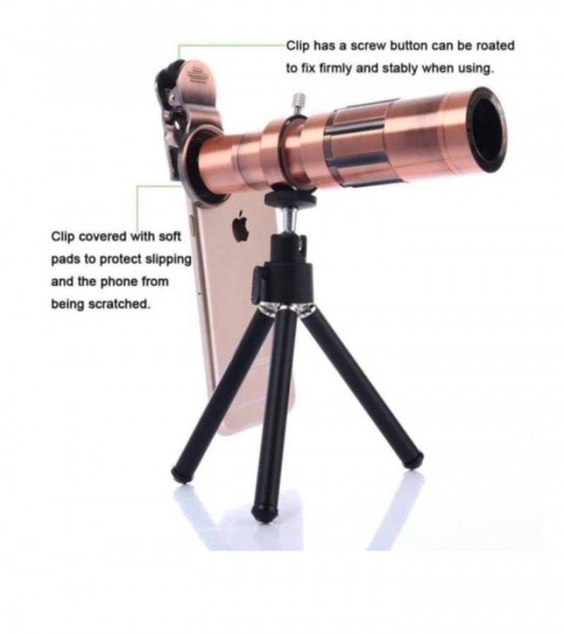 20X Zoom Mobile Phone Telescope Lens Optical Telephoto Camera With Tripod - Golden