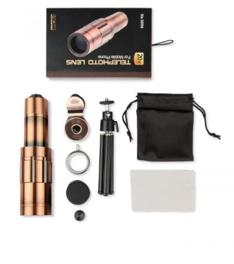 20X Zoom Mobile Phone Telescope Lens Optical Telephoto Camera With Tripod - Golden