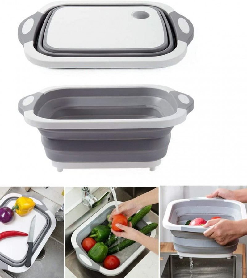 3 in 1 Board with Colander Foldable Multi-function Kitchen Plastic Silicone Dish Tub Washing Sink