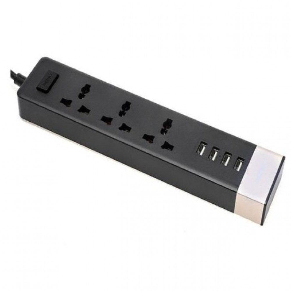 Remax RU-S2 4 USB Ports Hub and 3 Universal Plug 4.2A Power Strip - Black