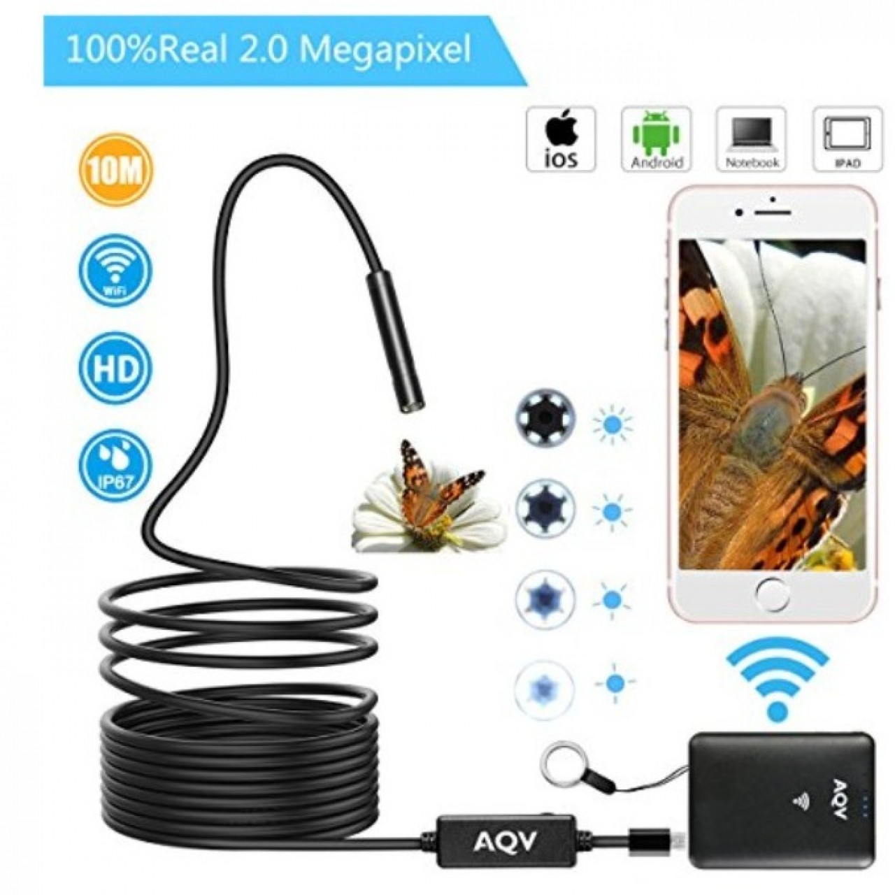 WiFi Endoscope, AQV Wireless Borescope Inspection Camera 2.0 Megapixels HD Waterproof Snake Camera
