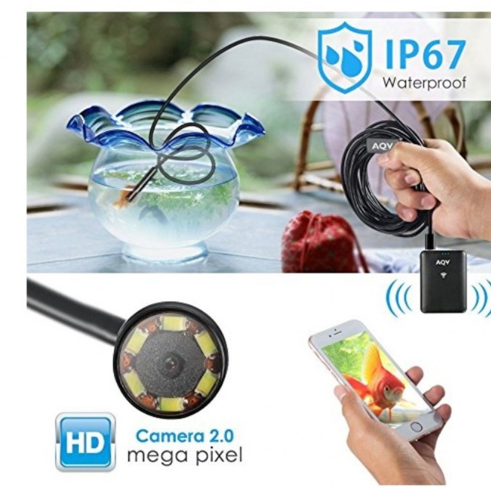 WiFi Endoscope, AQV Wireless Borescope Inspection Camera 2.0 Megapixels HD Waterproof Snake Camera